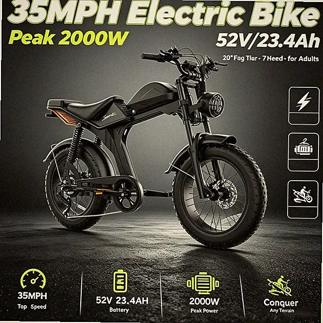 35MPH Electric Bike 20" Peak 2000W 52V/23.4Ah Electric Bicycle 7Speed for Adults
